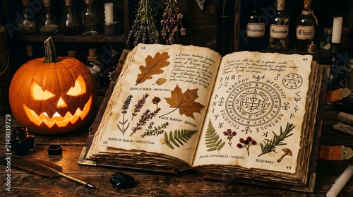Spellbook lying open on a wooden table displays detailed botanical illustrations and occult symbols.