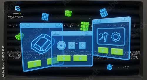 Retro computer screen displaying glowing blue software windows and digital cubes