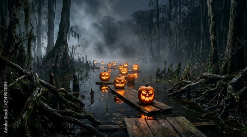 Swamp pathway features carved jack-o'-lanterns perched on wooden planks amidst misty dark waters.
