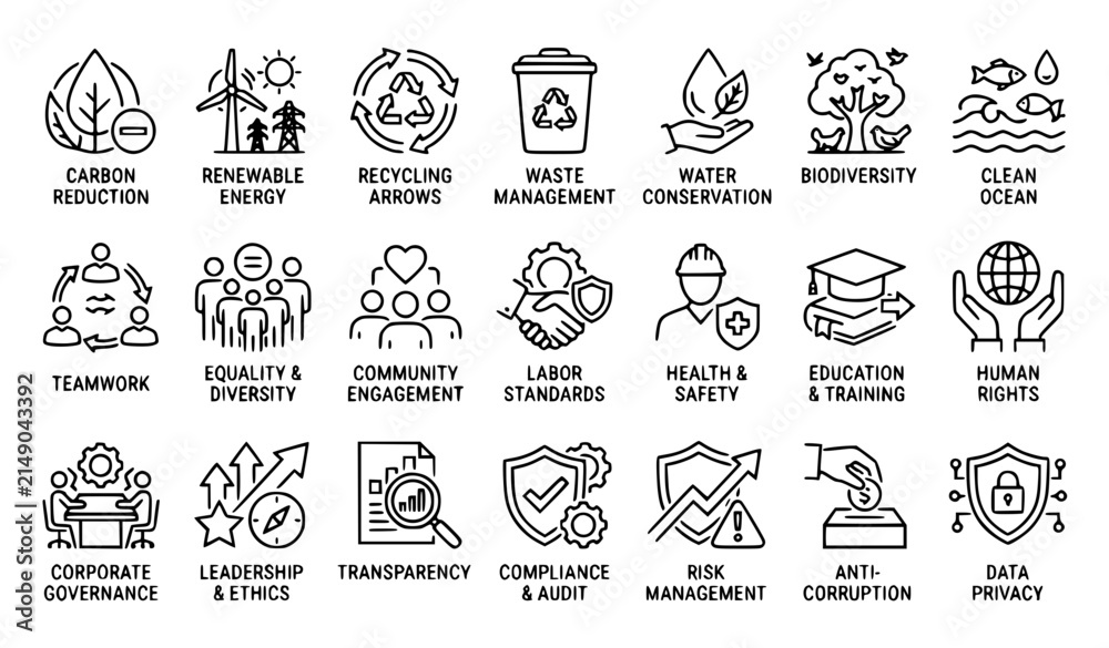 Fototapeta premium Modern ESG Sustainability Linear Icon Set Vector with Environmental Social Governance Symbols