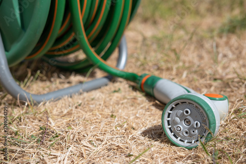 Canvastavla Dried-up, sunburnt grass in garden due to the UK summertime hose pipe ban, with green hose pipe with grey watering nozzle laying on the ground