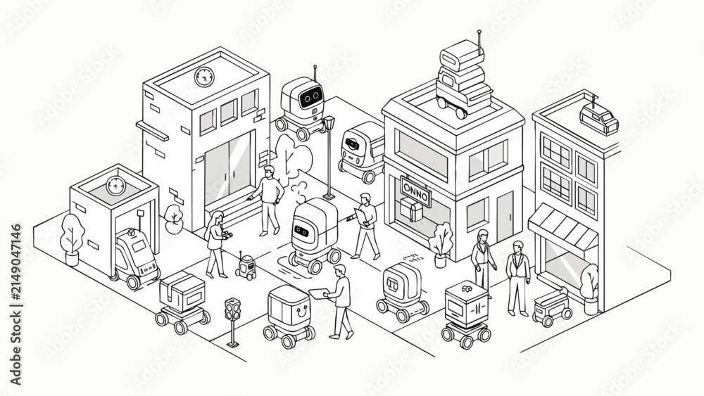 Obraz premium Isometric line art illustration with autonomous delivery robots operating on futuristic city streets, concept for smart logistics and automated package transport, ideal for technology banners and
