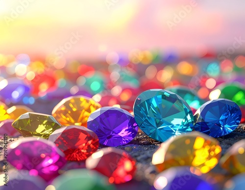 A close-up showcases vibrant, faceted gemstones scattered across a sandy surface with bokeh