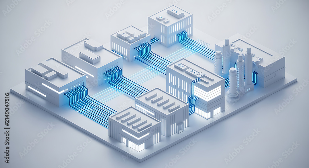 Fototapeta premium Isometric 3D architectural visualization of a futuristic smart city with glowing blue data connections