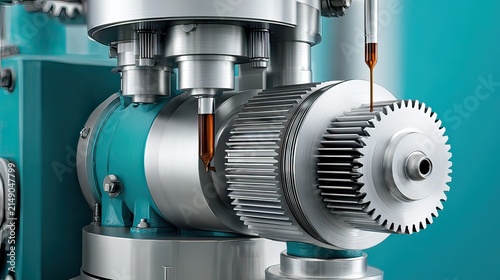 Detailed close-up of precision machinery showing metal gears and lubricant application in a modern industrial setting