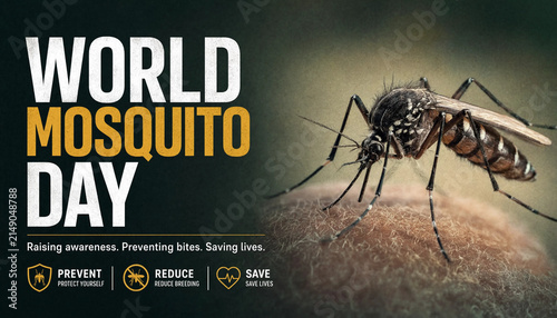 World mosquito day campaign banner with mosquito and prevention icons mosquito awareness prevention protection parasite campaign education