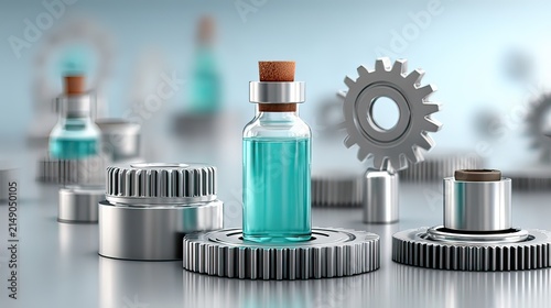 Glass vial with liquid surrounded by silver gears and mechanical parts in a contemporary manufacturing setting