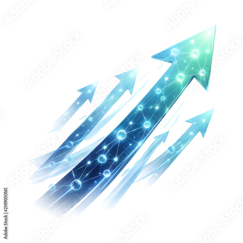 Abstract Business Growth and AI Integration Elements with Ascending Arrows and Futuristic Glowing Nodes Isolated on Transparent Background