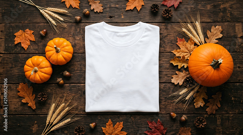 Blank white t shirt mockup with autumn decorations