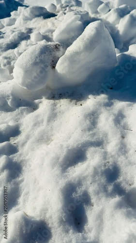 Close-up sunlit snowdrift with sparkling crystals. Urban park background blurred, fresh powder glistening in morning light