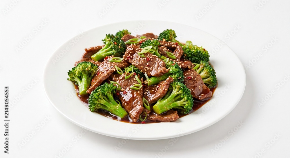 Fototapeta premium Asian Stir-Fried Beef with Fresh Broccoli in Savory Sauce on Clean White Studio Background