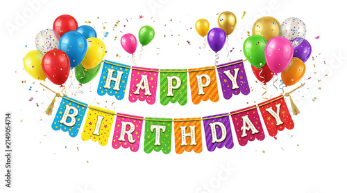 Balloons and bunting forming a happy birthday sign float above a clean white background for celebration.