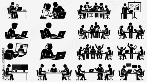 Creative Black and White Illustrations of Modern Office and Remote Work Scenarios Featuring Laptops Meetings Presentations and Collaboration