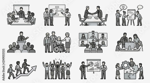 Creative Black and White Illustrations of Diverse Business Meeting and Teamwork Scenarios for Corporate Use