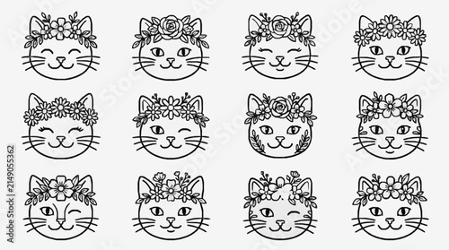 Corporate Stylish Black and White Floral Crown Cat Faces Set for Branding and Design with high quality professional line art symbols for modern creative design and digital branding projects