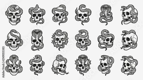 Corporate Style Monochrome Cobras Wrapped Around Skulls Set for Business Presentations Branding or Dark Themed Designs