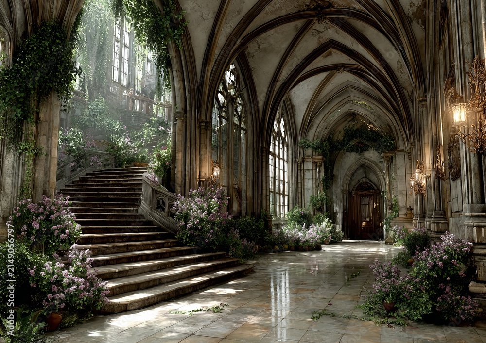 Fototapeta premium Enchanted Hallway - A Gothic Interior with Lush Greenery and Sunlight.