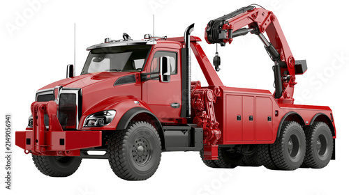 Obraz na plátně Red heavy duty tow truck with crane and winch