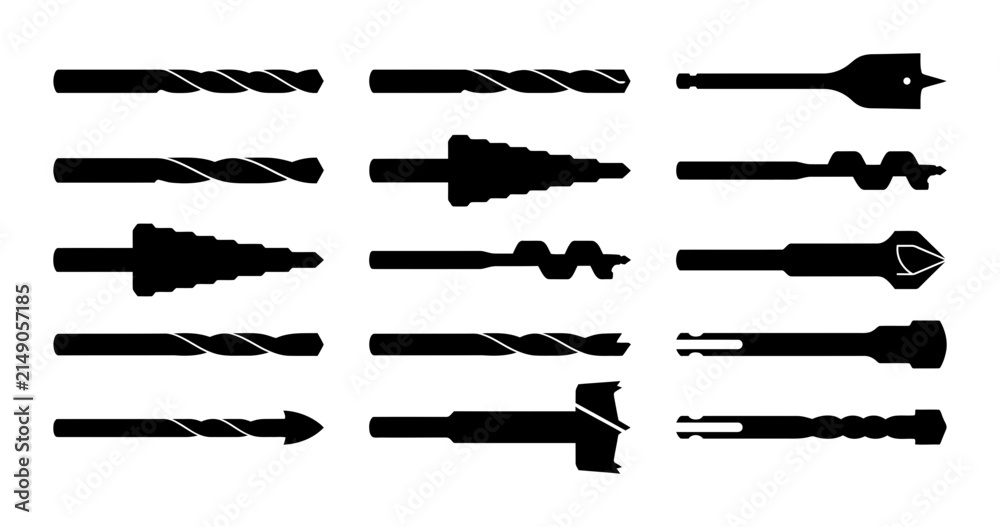 Fototapeta premium Drill Bits Silhouette Vector Set Featuring Various Types of Hole Boring Tool Icons