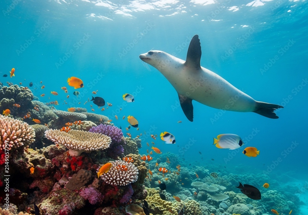 Fototapeta premium Oceanic Ballet: Sun-Drenched Depths, Coral Garden Dance