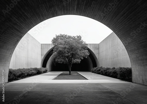 Monochrome Serenity - A Trees Resilience in Architectural Embrace.