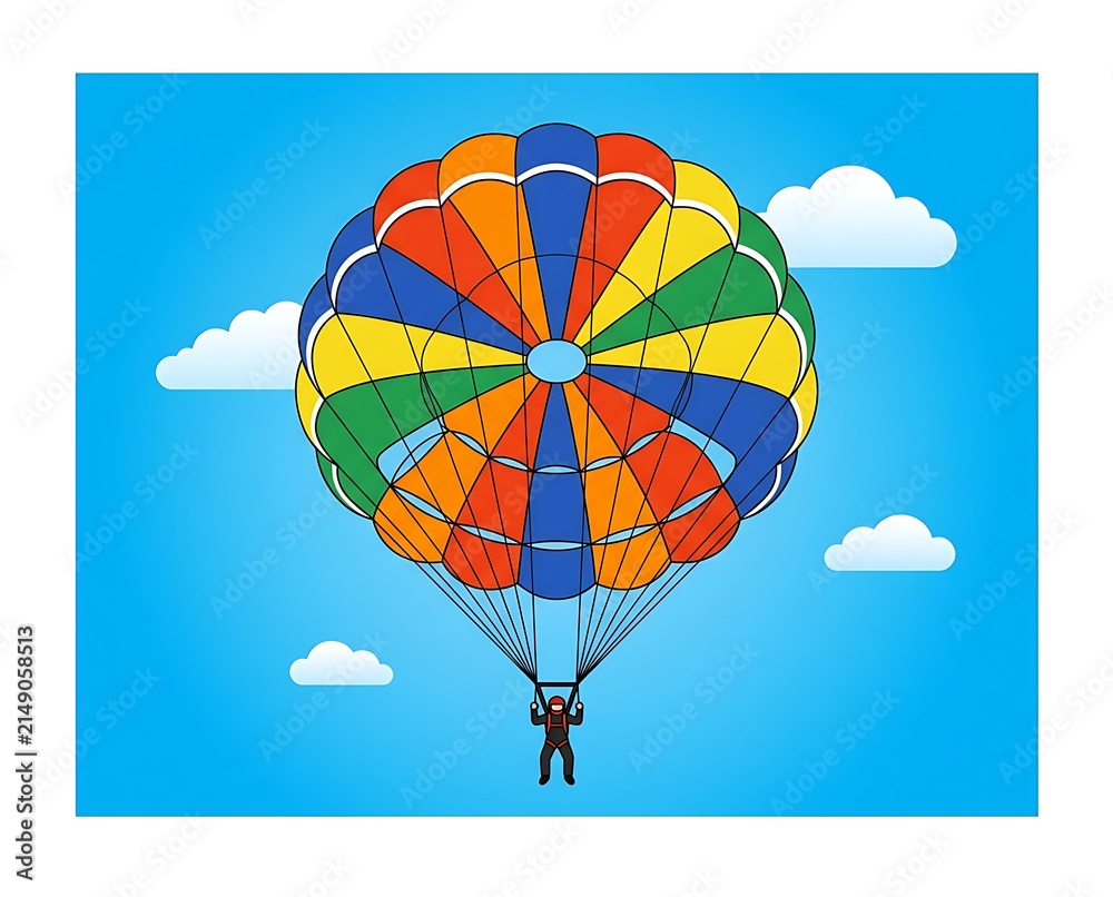 Fototapeta premium Vibrant Colorful Parachute Gliding High Above Against a Bright Blue Sky with Fluffy White Clouds