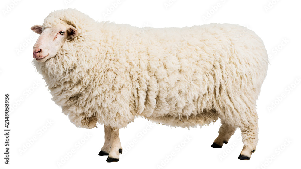 Fototapeta premium Fluffy white sheep standing on white
