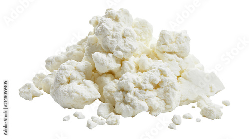 Pile of fresh cottage cheese curds with creamy texture