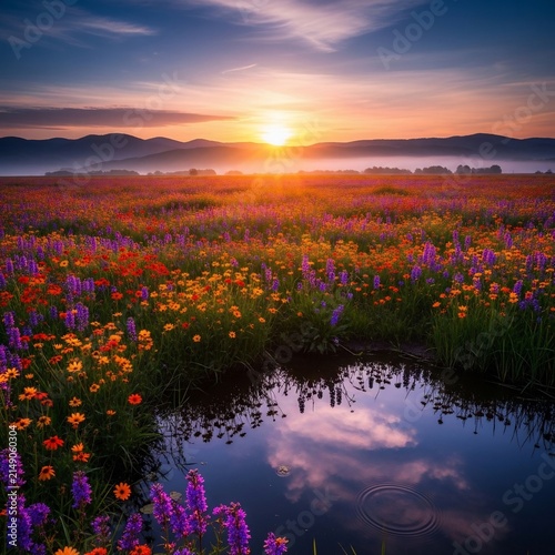 Dawn's Embrace: Crimson and Violet Bloom by the Reflecting Pool
