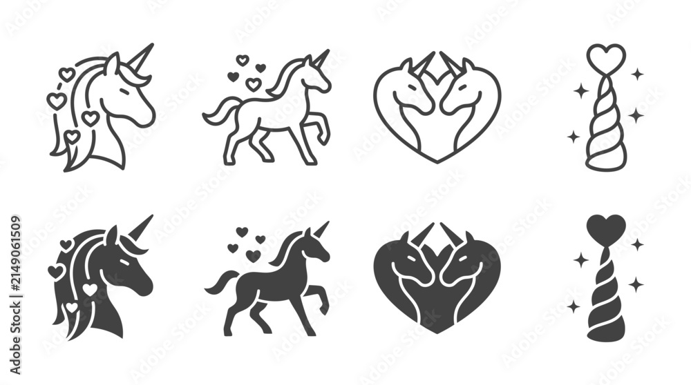 Fototapeta premium Romantic unicorn heart icon collection with hearts and stars romantic mythical legendary collection silhouette