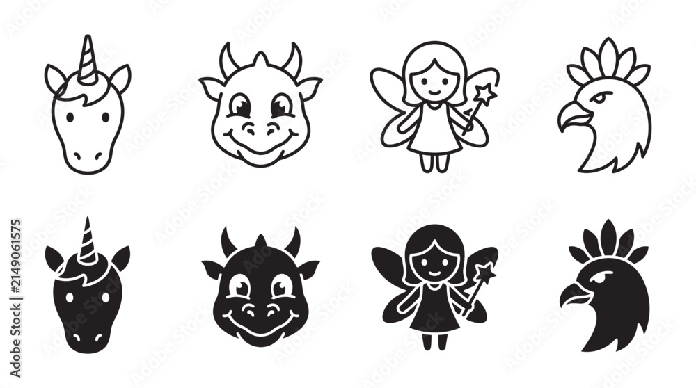 Obraz premium Cute fantasy character icon set with unicorn dragon fairy and eagle mythical creature character silhouette portrait