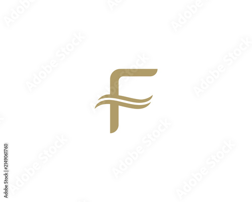 Letter F water wave logo design. Minimal gold ocean splash or fluid stream initial emblem. Modern luxury logotype for aqua, sea travel and premium brands.