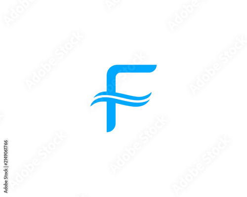Letter F water wave logo design. Minimal blue ocean splash or fluid stream initial emblem. Modern logotype for aqua, travel and nautical brands.