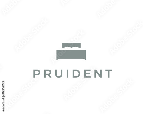 Minimalist bed logo design. Simple grey bedroom furniture or pillow icon. Modern logotype for hotel, mattress and interior decor brands.