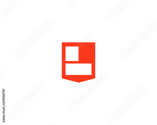 Geometric shield logo design. Minimal red coat of arms with layout inside. Modern heraldic icon for tech, security and development brands.