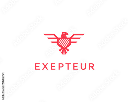 Geometric eagle shield logo design. Minimal red hawk or falcon wings logotype. Modern heraldic emblem for security, finance and corporate brands.