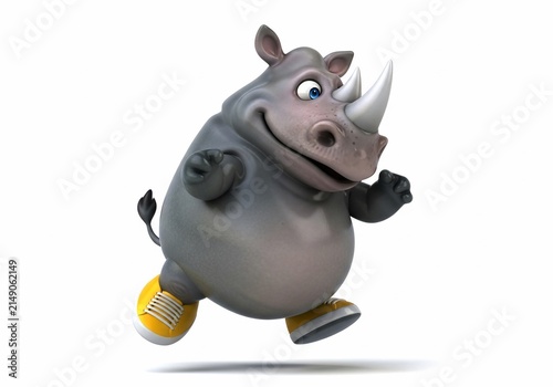 Joyful Dash: A Whimsical 3D Rendering of a Running Rhino in Bright Sneakers