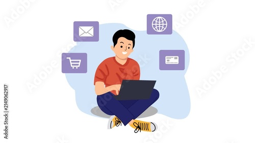 animation of young man wearing casual clothes using laptop sitting on floor in lotus pose