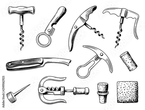 Collection of various wine corkscrews and bottle openers displayed in an artistic sketch style against a white background