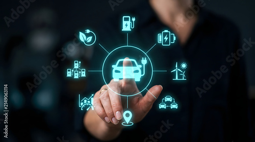Futuristic holographic electric vehicle ecosystem interface displaying sustainable mobility technology with connected energy solutions
