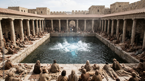 The Angel of the Lord stirring the healing waters at the Pool of Bethesda, while a multitude of sick people wait
