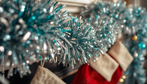 Close up of colorful Christmas tinsel garland on wall, festive metallic fringe ribbon background.