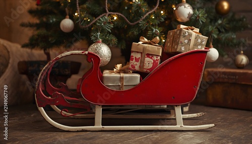 Cozy Christmas room decoration with Santa sleigh, gift boxes, and lit miniature xmas tree background.