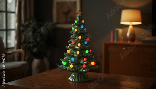 Miniature Christmas tree with colorful lights on table.