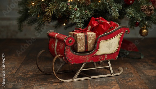 Red Santa Claus sleigh with wrapped gift boxes in Christmas decorated room, festive holiday background banner.