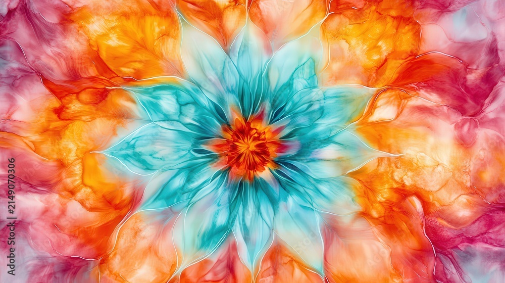 Obraz premium A vibrant abstract flower illustration with swirling colors of blue, orange, and pink, perfect for backgrounds, art projects, or digital designs, It evokes a sense of creativity and energy,