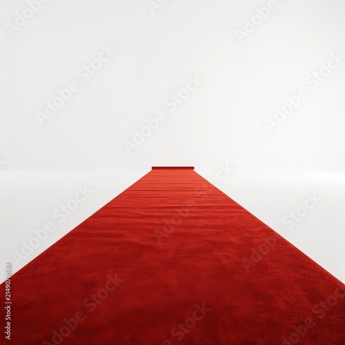 Long red carpet stretches across white space.