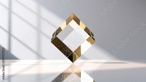 Geometric Abstract Cube Composition With Reflective Gold And Glass Surfaces