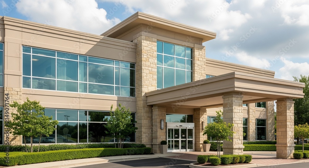 Fototapeta premium Modern beige stone commercial building exterior on sunny day
