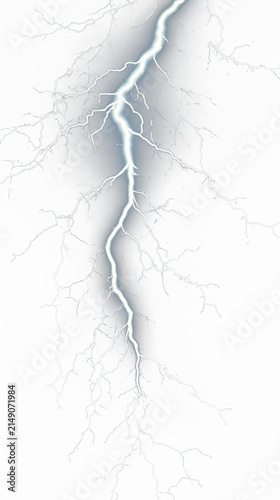 A vibrant, electric white lightning bolt streaks dramatically across a stark black background